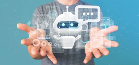 View of Businessman holding Chatbot with binary code, message and data 3d renderingの写真素材