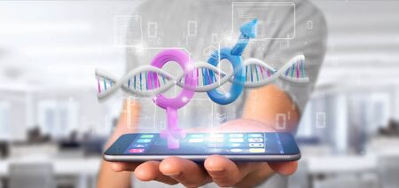 View of a Businessman holding a DNA with data and male and female symbol - 3d renderingの写真素材
