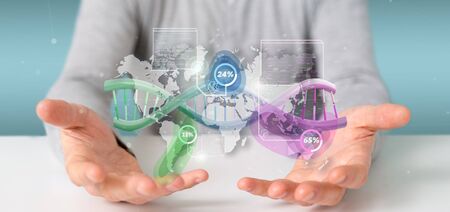 View of a Businessman holding a DNA over a world map with geographic localization - genealogy concept - 3d renderingの写真素材