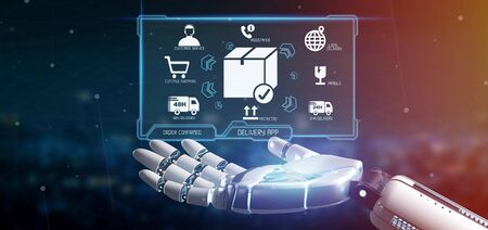 View of a Cyborg hand holding a  Logistic delivery application screen 3d renderingの写真素材