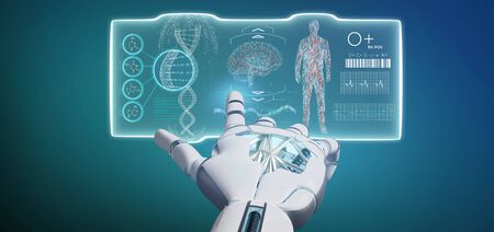 View of a Cyborg hand holding a Futuristic template medical interface hud 3d renderingの写真素材