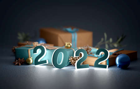 View of a 2022 new year composition with christmas holidays decoration - 3d renderingの写真素材