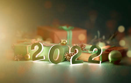 View of a 2022 new year composition with christmas holidays decoration - 3d renderingの写真素材
