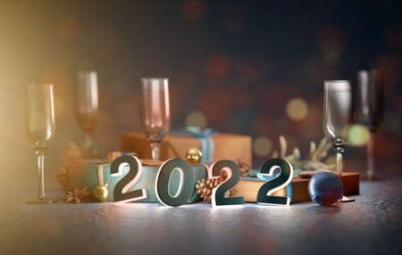 View of a 2022 new year composition with christmas holidays decoration - 3d renderingの写真素材