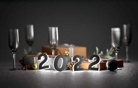 View of a 2022 new year composition with christmas holidays decoration - 3d renderingの写真素材