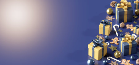 View of a Christmas background with christmas gifts decoration - 3d renderingの写真素材
