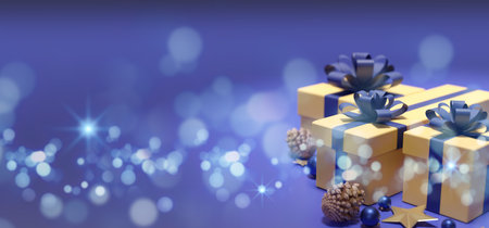 View of a Christmas background with christmas gifts decoration - 3d renderingの写真素材