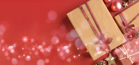View of a Christmas background with christmas gifts decoration - 3d renderingの写真素材