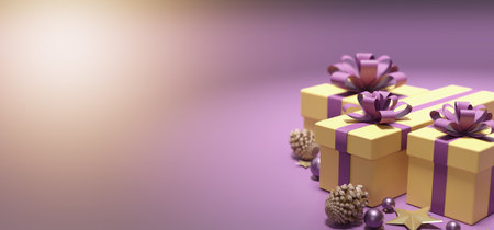 View of a Christmas background with christmas gifts decoration - 3d renderingの写真素材