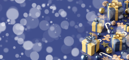 View of a Christmas background with christmas gifts decoration - 3d renderingの写真素材