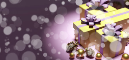 View of a Christmas background with christmas gifts decoration - 3d renderingの写真素材