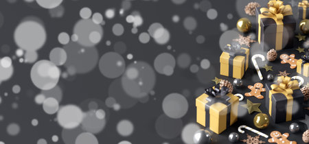 View of a Christmas background with christmas gifts decoration - 3d renderingの写真素材