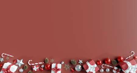 View of a Christmas background with christmas gifts decoration - 3d renderingの写真素材