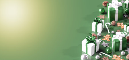 View of a Christmas background with christmas gifts decoration - 3d renderingの写真素材