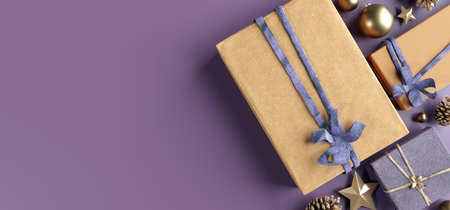 View of a Christmas background with christmas gifts decoration - 3d renderingの写真素材