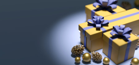 View of a Christmas background with christmas gifts decoration - 3d renderingの写真素材