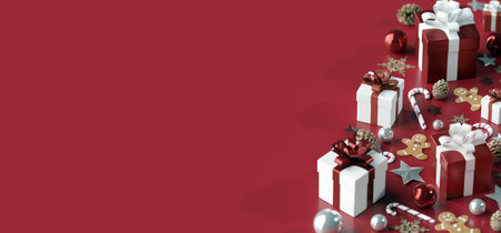 View of a Christmas background with christmas gifts decoration - 3d renderingの写真素材