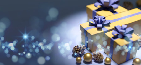 View of a Christmas background with christmas gifts decoration - 3d renderingの写真素材