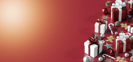 View of a Christmas background with christmas gifts decoration - 3d renderingの写真素材