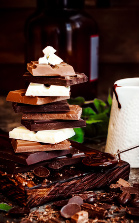 Chocolate / Chocolate bar / chocolate background/chocolate tower and strawberry.  Dark  background. Selective focus.の写真素材
