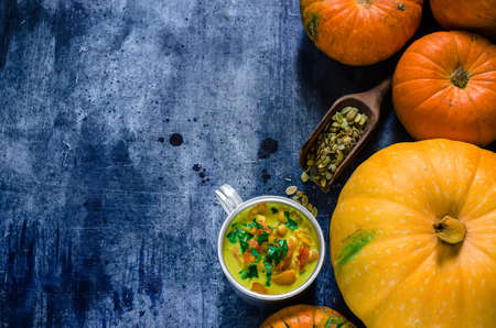 Autumn nature concept. Pumpkins and pumpkin seeds on blue background. Selective focus.の写真素材