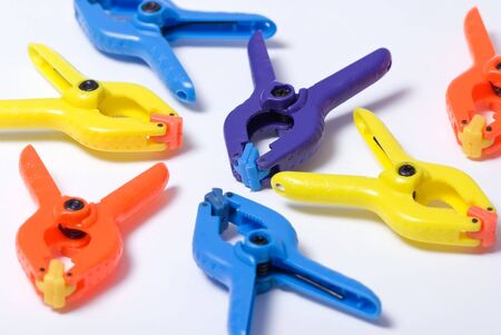 A set of colorful clamps up closeの写真素材