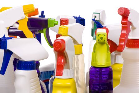 An assortment of different types of cleaning sprays.