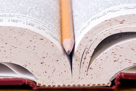 A close up of an open dictionary with a pencilの写真素材