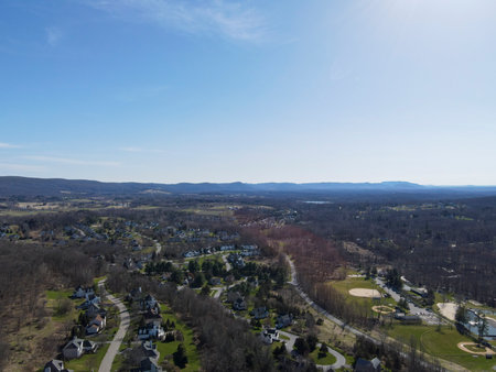 Aerial view of residential area in the countryside with blue sky. Drone Photographyの写真素材
