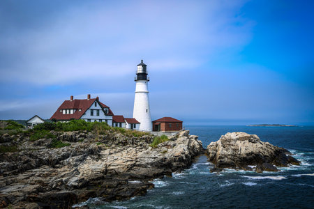 Portland Head Light: A timeless beacon guiding sailors since 1791, framed by the stunning coastal beauty of Maine.の写真素材