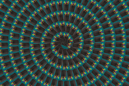 Abstract spiral background composed of colored ballpoint pens in a holder, school concept