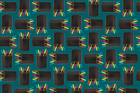 Abstract background made of colored ballpoint pens in a holder, random order, school conceptの写真素材