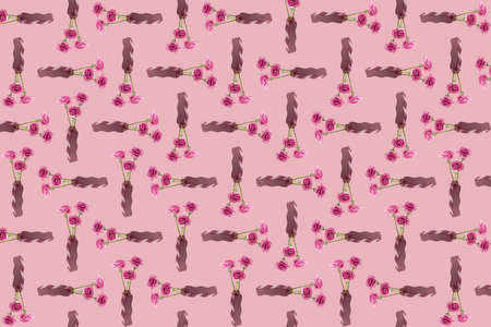 Abstract composition of a bouquet of fresh roses in a wavy vase on a pink backgroundの写真素材