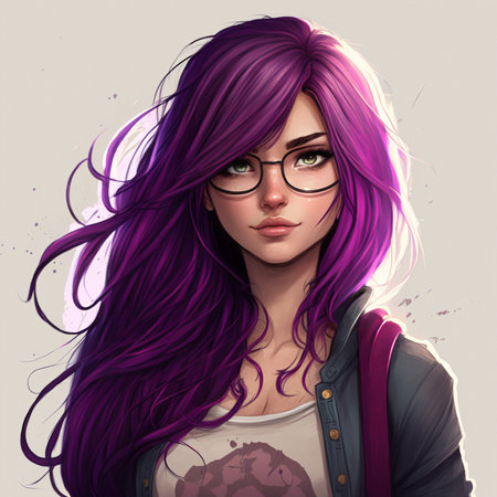 Fashion portrait of a beautiful girl with purple hair and glasses.の素材