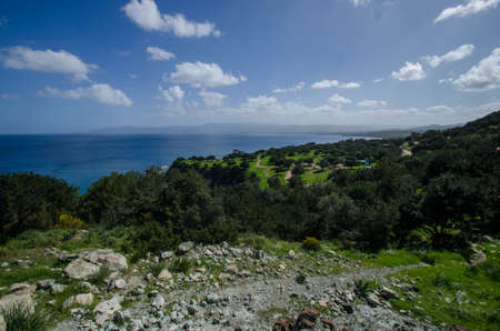 vertical view of empty mountain road on cyprus, march 2020の写真素材
