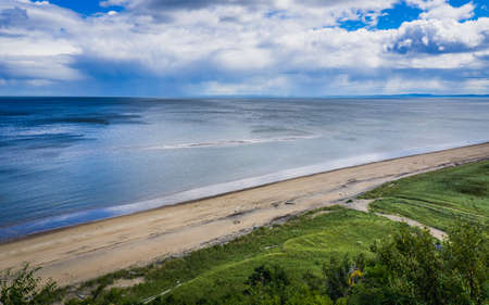 View on Portneuf sur Mer sandbank from a nearby observation deck, in Cote Nord of Quebec, Canadaの写真素材