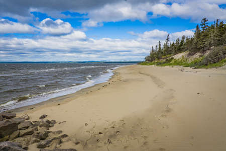 Sandy beach in Pointes aux Outardes Nature Park, in Quebec region of CÃ´te Nord, Canadaの写真素材
