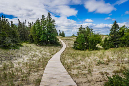 Boardwalk and hiking trail of the Pointe Aux Outardes Nature Park in the Quebec region of Cote Nord, Canadaの写真素材