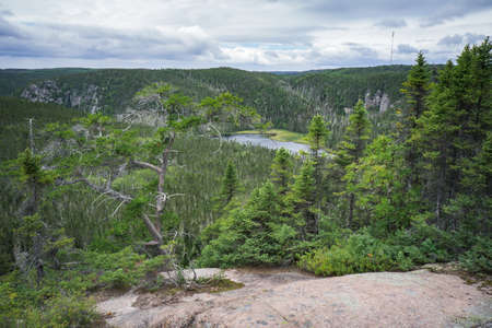 View from St Pancrace Belvedere on Lake Low near Baie Comeau in Cote Nord region of Quebec, Canadaの写真素材