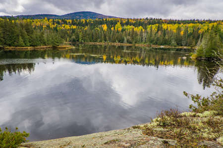Reflection of the trees in a lake on a fall day in Mont Tremblant National Park, in Laurentides region of Quebec, Canadaの写真素材