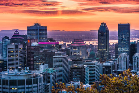 Sunrise over the skyline of Montreal, watched from the Kondiaronk Belvedere in Mont Royal Park.のeditorial素材