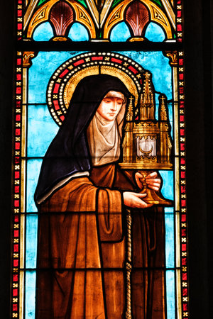 Stained glass window (detail) inside the Saint Gervais Saint Protais gothic church of Lectoure, a small town in the south of France (Gers)のeditorial素材