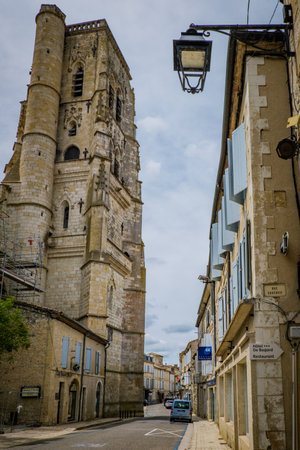 The bell tower of the Saint Gervais Saint Protais cathedral in the small town of Lectoure in the South of France (Gers)のeditorial素材