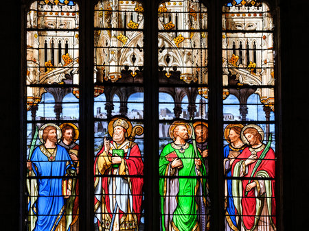 Stained glass window in the Saint Gervais Saint Protais medieval cathedral of Lectoure, a small town in the south of France (Gers)のeditorial素材