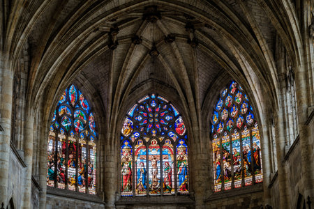 Ceiling and stained glass windows of the choir of the gothic cathedral in Condom, in the south of France (Gers)のeditorial素材