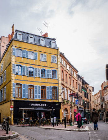 Beautiful facades in Perchepinte street in Toulouse old town, in the south of France (Haute Garonne)のeditorial素材