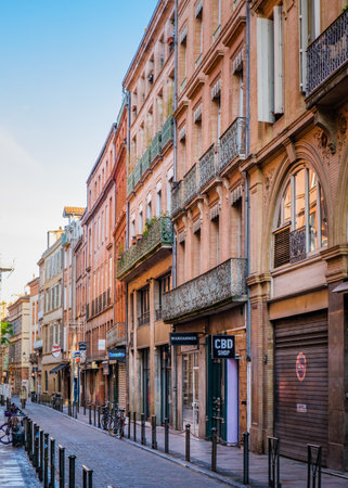 the bricks facades of townhouses in Temponieres street in the city of Toulouse, South of France (Haute Garonne)のeditorial素材