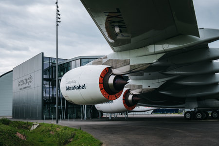 View on the Aeroscopia museum and the tarmac with the turbofan engines of the Airbus A380 near Toulouse (south of France)のeditorial素材