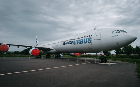 Airbus A340-600 aircraft on the tarmac of Aeroscopia museum near Toulouse, in the south of France (Haute Garonne)のeditorial素材