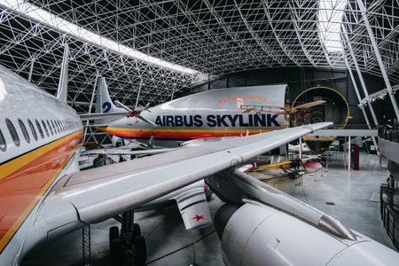 The wing of the Airbus A300 and the Airbus Super Guppy at the Aeroscopia museum near Toulouse in the south of France (Haute garonne)のeditorial素材